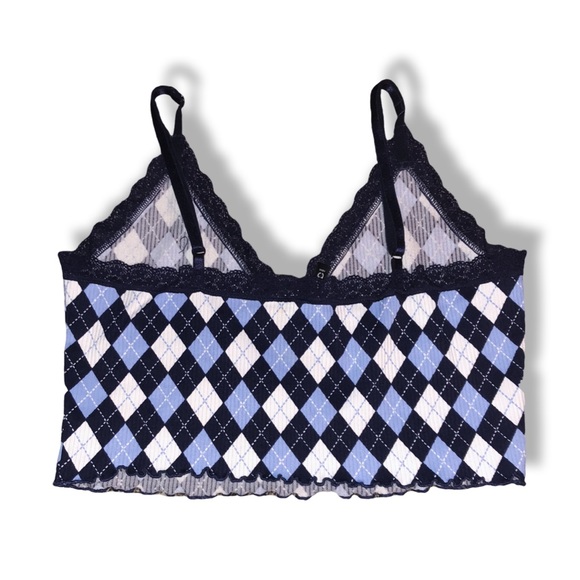 Divided by H&M Ribbed Blue Argyle Lettuce Hem Lace Trim V-Neck Cami Crop Top Y2K - Picture 2 of 7